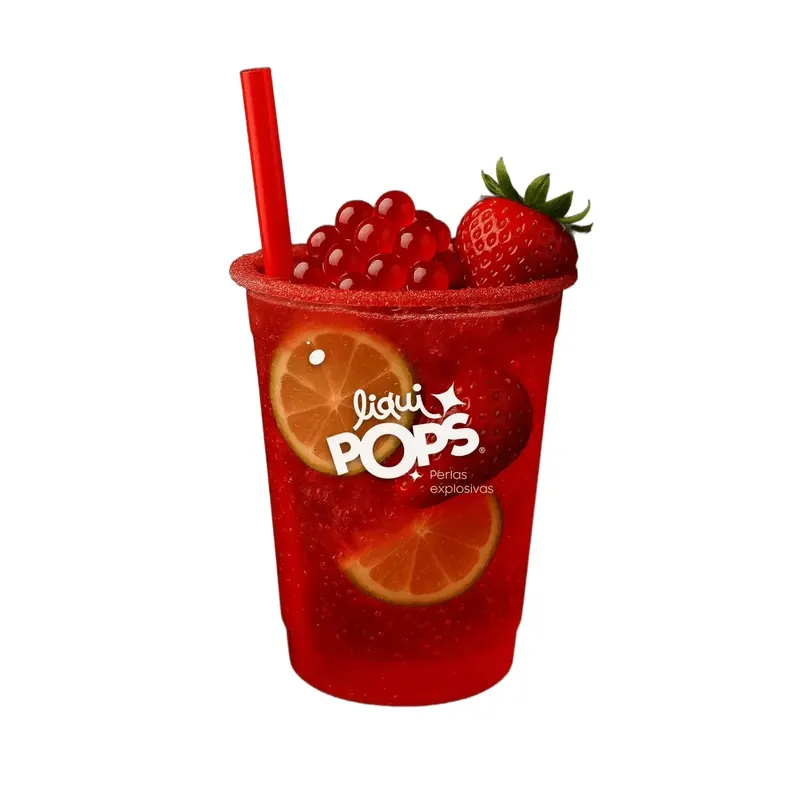 Soda italiana de fresa con perlas explosivas servida con popote ancho en un vaso transparente