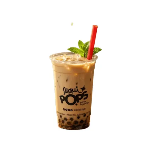 Bubble tea de café con perlas explosivas servido con popote ancho